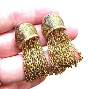 Vintage pierced earrings textured gold chain dangles unique dramatic dressy